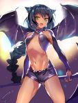  1girl a_k_o animal_ears backlighting black_hair braid dark_skin earrings fangs green_eyes jewelry long_hair looking_away navel open_mouth original scythe shorts small_breasts solo sparkle standing very_long_hair wings 