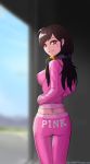  1girl ass breasts brown_hair casual clothes_writing d.va_(overwatch) english facial_mark from_behind headphones headphones_around_neck highres impossible_clothes jacket kim_yj large_breasts looking_at_viewer looking_back overwatch pants parted_lips pink_lips smile solo thigh_gap track_jacket track_suit whisker_markings 