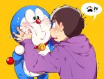  !? 2boys back bell bell_collar black_eyes blush collar confused crossover doraemon doraemon_(character) hand_on_another&#039;s_cheek hand_on_another&#039;s_face hood hood_down hoodie jingle_bell looking_at_another male_focus matsuno_ichimatsu motion_lines multiple_boys o2_(o2mm) osomatsu-kun osomatsu-san paw_print robot simple_background speech_bubble trembling yellow_background 