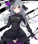  1girl daiichi_(1279220) framed_breasts gloves gothic_lolita hair_down hat highres idolmaster idolmaster_cinderella_girls idolmaster_cinderella_girls_starlight_stage kanzaki_ranko lolita_fashion long_hair red_eyes silver_hair smile solo thigh-highs 