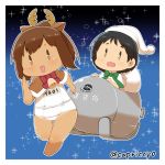  2girls animal_costume antlers black_hair blush brown_hair capelet capriccyo chibi christmas fur_trim hat i-401_(kantai_collection) kantai_collection looking_at_viewer maru-yu_(kantai_collection) multiple_girls one-piece_swimsuit open_mouth reindeer_antlers reindeer_costume running sack santa_costume santa_hat short_hair sleigh smile swimsuit 