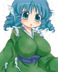  1girl blue_eyes blue_hair breasts drill_hair flying_sweatdrops head_fins japanese_clothes kimono large_breasts mermaid monster_girl muuba obi open_mouth sash solo touhou wakasagihime 