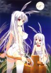  2girls :d absurdres animal_ears arm_support ass bare_shoulders blush body_blush bow bowtie breasts bunny_tail bunnysuit closed_eyes clouds collarbone covered_nipples detached_collar full_moon highres huge_filesize large_breasts leaning_forward long_hair looking_at_another mallet moon multiple_girls night open_mouth original outdoors rabbit_ears red_bow red_bowtie red_eyes sasahiro scan silver_hair small_breasts smile standing tail thigh-highs very_long_hair wheat white_legwear wrist_cuffs 