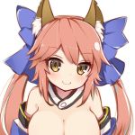  1girl animal_ears bare_shoulders blush breasts caster_(fate/extra) cleavage detached_sleeves fate/extra fate_(series) fox_ears highres japanese_clothes koga_rejini large_breasts long_hair looking_at_viewer pink_hair simple_background smile solo white_background yellow_eyes 