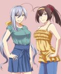  2girls :d ahoge akizuki_(kantai_collection) alternate_costume black_hair casual commentary_request cowboy_shot grey_eyes grin hair_between_eyes hair_ribbon hairband hands_on_hips ishii_hisao kantai_collection kiyoshimo_(kantai_collection) long_hair low_twintails multiple_girls older open_mouth pleated_skirt ponytail ribbon silver_hair skirt smile twintails very_long_hair 