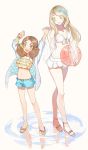  2girls :d arms_up ball bangs bare_legs beachball bikini bikini_skirt blonde_hair blue_flower blue_shorts bracelet brown_eyes brown_hair bunko_(fumimatsu) carrying_under_arm cat_hair_ornament colored_eyelashes eyebrows eyebrows_visible_through_hair flip-flops flower frilled_bikini frills front-tie_bikini front-tie_top full_body green_eyes haiba_arisa haikyuu!! hair_flower hair_ornament hairclip heart heart_necklace highres holding holding_hands jacket jacket_over_swimsuit jewelry legs_apart long_hair long_sleeves looking_at_another looking_at_viewer looking_to_the_side multiple_girls navel open_clothes open_fly open_jacket open_mouth pink_shoes pocket polka_dot reflection sandals see-through shawl shoes short_eyebrows shorts smile standing stomach swept_bangs swimsuit swimsuit_under_clothes transparent twintails water white_background white_bikini yamamoto_akane 