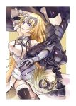  2girls :d black_legwear blonde_hair blue_hair brown_eyes brown_hair chain commentary_request detached_sleeves dual_persona fate/apocrypha fate/grand_order fate_(series) gauntlets headgear jeanne_alter long_hair looking_at_viewer multiple_girls open_mouth petals rori_chuushin ruler_(fate/apocrypha) ruler_(fate/grand_order) smile thigh-highs very_long_hair 