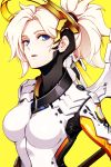  1girl blue_eyes bodysuit breasts highres hwansang looking_at_viewer mechanical_halo mechanical_wings mercy_(overwatch) overwatch parted_lips ponytail solo teeth white_hair wings yellow_background 