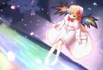  1girl agent_(ikuoikuo) blonde_hair blue_eyes capelet cherry_blossoms fairy_wings hat highres lily_white long_hair multicolored_wings solo touhou water wings 