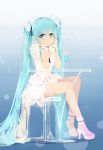  1girl aqua_eyes aqua_hair bba1985 blush chair chin_rest commentary_request dress drink drinking_straw full_body hatsune_miku high_heels highres long_hair looking_at_viewer revision sitting smile solo stool table twintails very_long_hair vocaloid white_dress 