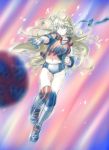  1girl alternate_costume blonde_hair blue_eyes blurry buruma clothes_writing highres iowa_(kantai_collection) kantai_collection okaemon solo spiking sportswear striped striped_legwear thigh-highs volleyball volleyball_uniform 