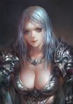  1girl 2016 armor bangs blue_eyes breastplate breasts closed_mouth eyelashes jewelry knight large_breasts light_smile looking_to_the_side necklace original pauldrons red_lips signature silver_hair smile solo upper_body wuduo 