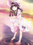  1girl barefoot black_hair clouds dress hat hat_ribbon long_hair neuron_(exceed) original ribbon ripples short_sleeves skirt_hold sky smile solo sun_hat sundress violet_eyes wading water 