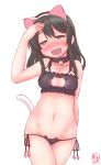  1girl animal_ears artist_name bare_shoulders bell bell_choker black_hair blush bra breasts brown_eyes cat_cutout cat_ear_panties cat_ears cat_lingerie cat_tail choker commentary_request dated eyebrows fake_animal_ears fake_tail hand_on_back hand_on_head highres kanon_(kurogane_knights) kantai_collection long_hair navel open_mouth oyashio_(kantai_collection) simple_background solo tail underwear 