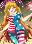  1girl american_flag_legwear american_flag_shirt blonde_hair blush clownpiece hat highres jester_cap long_hair matsuoka_michihiro open_mouth pantyhose red_eyes solo touhou 