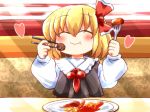  1girl ^_^ blonde_hair blush chopsticks closed_eyes eating fork hair_ribbon heart ribbon rokugou_daisuke rumia smile solo touhou 