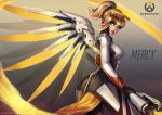  1girl absurdres blonde_hair blue_eyes bodysuit eyelashes highres jenny_kung lips mechanical_halo mechanical_wings mercy_(overwatch) overwatch pantyhose ponytail solo staff wings 