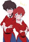  1boy 1girl absurdres back-to-back black_hair blue_eyes braid breasts chinese_clothes dual_persona female genderswap highres kaboskun male multiple_persona ranma-chan ranma_1/2 redhead saotome_ranma single_braid tangzhuang 