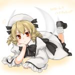  1girl 2016 :&lt; black_shoes blonde_hair character_name chin_rest dated drill_hair elbow_rest fairy_wings full_body hat leg_lift leg_up long_sleeves looking_at_viewer luna_child lying monrooru on_stomach red_eyes shoes socks solo touhou transparent_wings white_legwear wide_sleeves wings 