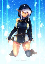  1girl artist_name bare_shoulders black_gloves black_legwear dark_elf dark_skin elf fingerless_gloves full_body gloves highres hood hoodie kneeling kojima_takuro looking_at_viewer original pointy_ears ribbed_sweater short_hair silver_hair single_over-kneehigh solo sweater turtleneck_sweater yellow_eyes 