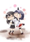  2girls black_hair commentary_request crying detached_sleeves grey_eyes hair_ornament hinata_yuu hug kantai_collection long_hair multiple_girls nontraditional_miko oyashio_(kantai_collection) school_uniform short_hair streaming_tears sweat tears yamashiro_(kantai_collection) 
