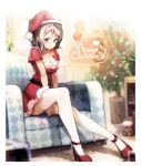  1girl ankle_strap antlers belt between_legs blue_eyes blush breasts christmas_tree cleavage commentary_request couch fur-trimmed_hat grey_hair hand_between_legs hat heart high_heels looking_at_viewer love_live! love_live!_sunshine!! merry_christmas red_hat red_skirt santa_costume santa_hat senji_(tegone_spike) short_hair short_sleeves sitting skirt smile solo thigh-highs uchicchii watanabe_you white_legwear 