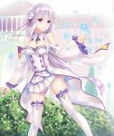  1girl absurdres breasts cleavage emilia_(re:zero) flower frilled_sleeves frills hair_flower hair_ornament highres long_hair looking_to_the_side negi3 outdoors outstretched_hand re:zero_kara_hajimeru_isekai_seikatsu skirt smile solo standing thigh-highs violet_eyes white_legwear white_skirt wide_sleeves 