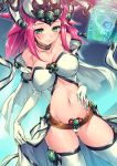  1girl akanagi_youto bare_shoulders belt book breasts choker cleavage collar collarbone covered_nipples detached_sleeves duel_monster elbow_gloves gloves green_eyes groin hat high_priestess_of_prophecy highres large_breasts long_hair looking_at_viewer midriff pink_hair solo thigh-highs white_legwear wizard_hat yuu-gi-ou 