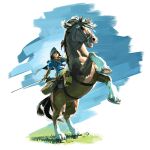  1boy artist_request bag behind_back black_eyes blonde_hair blue_background blue_cape boots brown_boots cape cloak closed_mouth epona faux_figurine grass green_eyes highres holding holding_sword holding_weapon hood hooded_cloak horse horseback_riding knee_boots link looking_at_viewer male_focus nintendo official_art open_mouth pants plant riding saddle sheath simple_background sitting sitting_on_animal straddling sword the_legend_of_zelda the_legend_of_zelda:_breath_of_the_wild unsheathed upright_straddle weapon white_pants 