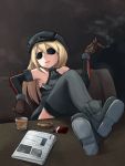  1girl anchor_symbol armpits ashtray aviator_sunglasses bismarck_(kantai_collection) black_hat blonde_hair boots brown_gloves cigar couch detached_sleeves gloves grey_boots grey_legwear hat kakizaki_(chou_neji) kantai_collection military military_uniform newspaper peaked_cap smoking solo sunglasses table thigh-highs uniform 