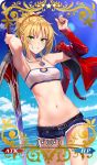  1girl blonde_hair card_(medium) fate/apocrypha fate/grand_order fate_(series) green_eyes jacket jewelry long_hair midriff navel necklace parody ponytail saber_of_red shijiu_(adamhutt) shorts smile solo sword weapon 