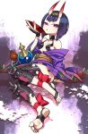  1girl bare_shoulders barefoot barefoot_sandals black_hair bob_cut eyeliner fate/grand_order fate_(series) gourd horns japanese_clothes kimono makeup off_shoulder oni sakazuki short_eyebrows short_hair shuten_douji_(fate/grand_order) solo ulogbe violet_eyes 