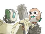  bastion_(overwatch) bird commentary crossover gatling_gun gun hand_up looking_at_another minigun no_humans ocaritna overwatch owl pokemon pokemon_(creature) pokemon_(game) pokemon_sm robot rowlet signature simple_background upper_body weapon white_background 