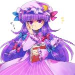  1girl book crescent dress frown furukawa_(yomawari) hand_on_own_cheek hat long_hair looking_at_viewer patchouli_knowledge purple_dress purple_hair solo touhou translation_request violet_eyes 