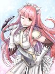  1girl armpits crown elbow_gloves fate/grand_order fate_(series) gloves hand_on_hip highres holding long_hair looking_at_viewer medb_(fate/grand_order) one_eye_closed pink_hair shimo_(s_kaminaka) smile solo spaulders white_background white_gloves yellow_eyes 