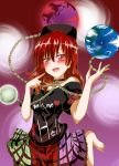  1girl bare_shoulders barefoot chain choker clothes_writing earth_(ornament) english heart hecatia_lapislazuli highres looking_at_viewer matsuoka_michihiro moon_(ornament) open_mouth plaid plaid_skirt polos_crown red_eyes redhead skirt solo touhou 