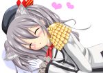  1girl arutin beret closed_eyes commentary_request epaulettes eyebrows eyebrows_visible_through_hair hat highres kantai_collection kashima_(kantai_collection) kemonomimi_mode kerchief military military_uniform open_mouth silver_hair simple_background sleeping solo uniform wavy_hair 