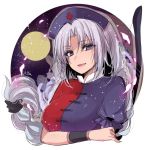  1girl asa_(coco) blue_eyes braid breasts colored_eyelashes constellation crossed_arms full_moon long_hair looking_at_viewer moon open_mouth puffy_short_sleeves puffy_sleeves red_cross short_sleeves silver_hair single_braid smile solo touhou upper_body very_long_hair wrist_cuffs yagokoro_eirin 