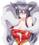 1girl ahri animal_ears bare_shoulders black_hair blush breasts cleavage crossed_arms detached_sleeves fox_ears fox_tail korean_clothes league_of_legends long_hair looking_at_viewer mintmia11 multiple_tails simple_background smile solo tail whisker_markings white_background yellow_eyes 