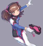  1girl bangs bodysuit breasts brown_eyes brown_hair bunny_print clothes_writing d.va_(overwatch) emblem facial_mark gloves gun handgun headphones holding holding_gun holding_weapon logo long_hair looking_at_viewer outstretched_arm overwatch purple_background rabbit shinbasaki simple_background small_breasts solo thigh_gap weapon whisker_markings white_gloves 