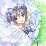  1girl bangs bouquet bow collarbone commentary_request dress drill_hair eyebrows eyebrows_visible_through_hair flower from_above gloves grass hair_between_eyes hair_flower hair_ornament hand_up holding holding_bouquet holding_flower idolmaster idolmaster_cinderella_girls idolmaster_cinderella_girls_starlight_stage kanzaki_ranko long_hair looking looking_at_viewer maou(demonlord) open_mouth outstretched_hand petals raised_hand ribbon silver_hair sketch sleeveless sleeveless_dress smile solo spaghetti_strap twintails twitter_username violet_eyes white_dress white_gloves 