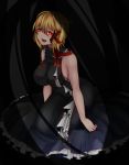  1girl adult alternate_costume aoshima bare_arms bare_shoulders black_dress blonde_hair breasts commentary_request dress fangs frilled_dress frills glowing glowing_eyes hair_ribbon highres large_breasts older open_mouth red_eyes ribbon rumia sitting sleeveless sleeveless_dress smile solo touhou 