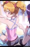  2girls artist_name back backless_outfit bare_shoulders blonde_hair blush fresh_precure! hair_ornament higashi_setsuna looking_back momozono_love multiple_girls precure red_eyes shiitake_urimo twintails 
