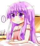  1girl bed blush collarbone hat hat_removed headwear_removed off_shoulder patchouli_knowledge purple_hair rokugou_daisuke sleepwear solo touhou violet_eyes wavy_mouth 