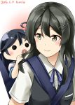  2016 2girls ahoge artist_name baby black_hair blush buttons commentary_request dated hair_grab hair_ornament hairclip highres kamelie kantai_collection long_hair looking_back multiple_girls oyashio_(kantai_collection) pacifier school_uniform serafuku shirt short_sleeves smile ushio_(kantai_collection) vest white_shirt younger 