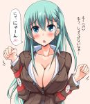  1girl blue_eyes blush breasts closed_eyes green_hair hair_ornament hairclip kantai_collection large_breasts long_hair orange_background simple_background solo speech_bubble suzuya_(kantai_collection) translation_request yuguran_(specs) 