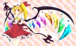  1girl absurdres blonde_hair cowboy_shot flandre_scarlet hat hat_ribbon highres hitotsuki_nebura laevatein mob_cap puffy_short_sleeves puffy_sleeves red_eyes ribbon shirt short_sleeves side_ponytail skirt skirt_set smile solo thighs touhou vest wings 