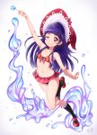  1girl ;) arm_up bikini chocokin hat izayoi_liko long_hair looking_at_viewer mahou_girls_precure! navel one_eye_closed precure purple_hair red_eyes signature smile socks solo swimsuit wand witch_hat 