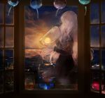  1girl closed_eyes clouds cloudy_sky dark glycan highres holding horizon jar light_particles long_hair ocean open_mouth original plant potted_plant profile scenery sky smile solo sunset water white_hair wind_chime window 