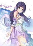  1girl angel_wings bow dated detached_puffy_sleeves dress feathered_wings feathers flower from_side green_eyes hair_flower hair_ornament hair_ribbon happy_birthday highres karumayu long_hair looking_at_viewer love_live!_school_idol_project low_twintails purple_bow purple_hair purple_ribbon ribbon smile solo toujou_nozomi twintails white_wings wings x_hair_ornament 